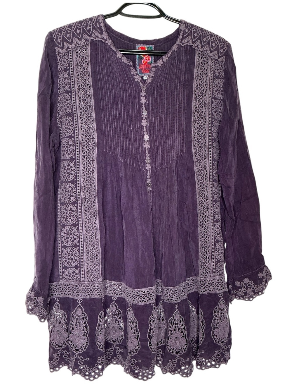 Johnny Was Boho Embroidered Long-Sleeve Tunic in Dark Purple/Plum Size Medium
